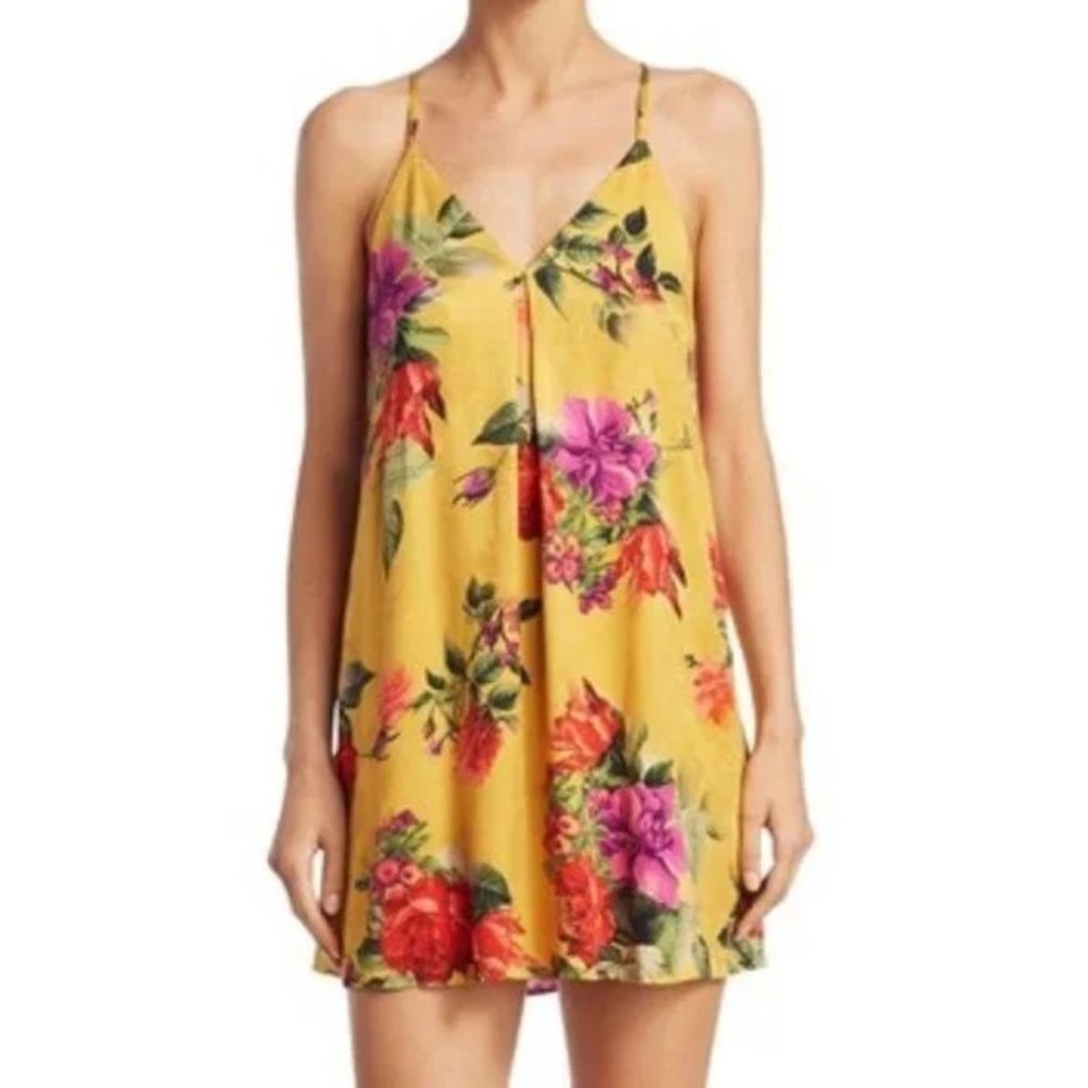 Alice + Olivia Floral Fierra Silk Mini Slip Dress Y-Back yellow botanical